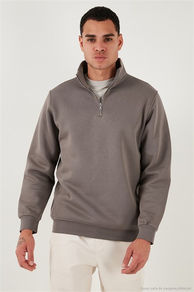 Pamuklu Regular Fit Yarım Fermuarlı Dik Yaka Şardonlu Erkek Sweat 59052592 TOPRAK