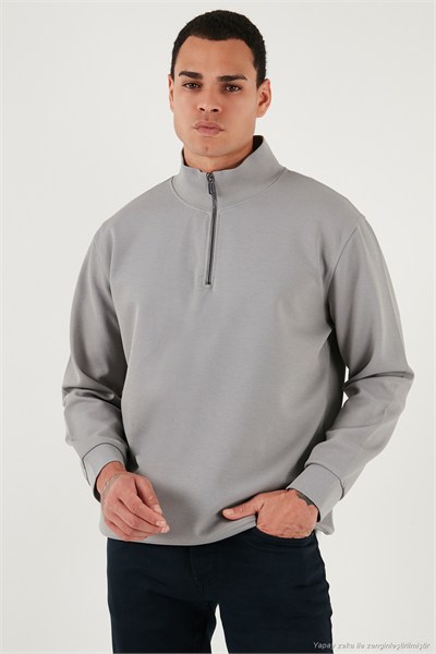 Pamuklu Regular Fit Yarım Fermuarlı Dik Yaka Erkek Sweat 5905470 GRİ