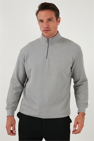 Pamuklu Regular Fit Yarım Fermuarlı Dik Yaka Erkek Sweat 5905716 GRİ