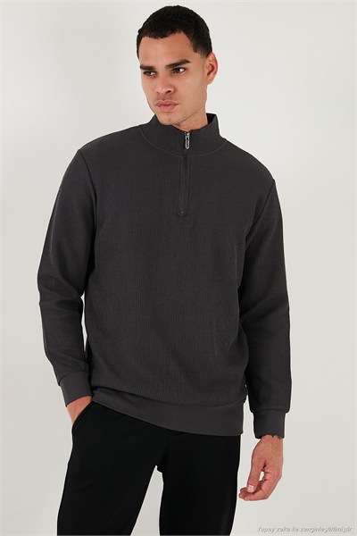 Pamuklu Regular Fit Yarım Fermuarlı Dik Yaka 2li Paket Erkek Sweat 5905716S2 Koyu Vizon-Antrasit