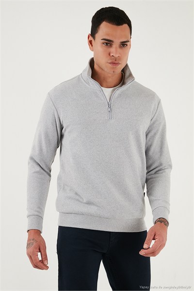 Pamuklu Regular Fit Yarım Fermuarlı Dik Yaka Erkek Kazak 456112 AÇIK GRİ