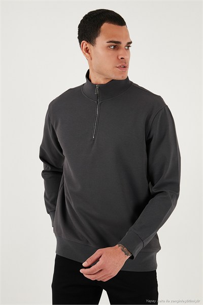 Pamuklu Regular Fit Yarım Fermuarlı Dik Yaka Erkek Sweat 5905470 ANTRASİT