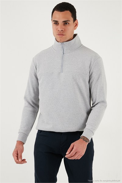 Pamuklu Regular Fit Yarım Fermuarlı Dik Yaka Erkek Kazak 456112 AÇIK GRİ