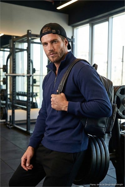 Pamuklu Regular Fit Yarım Fermuarlı Dik Yaka Erkek Sweat 5905470 İNDİGO
