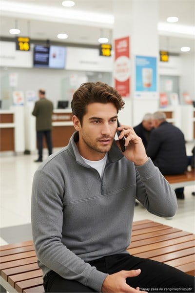 Pamuklu Regular Fit Yarım Fermuarlı Dik Yaka Erkek Kazak 456112 GRİ