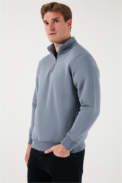 Pamuklu Regular Fit Yarım Fermuarlı Dik Yaka Şardonlu Erkek Sweat 59052592 KOYU GRİ