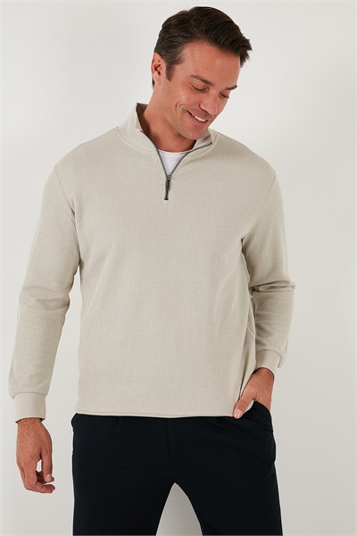 Pamuklu Regular Fit Yarım Fermuarlı Dik Yaka Erkek Sweat 5905716 TAŞ