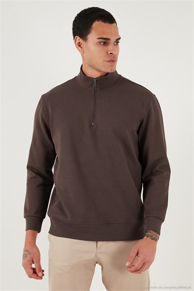 Pamuklu Regular Fit Yarım Fermuarlı Dik Yaka Erkek Sweat 5905470 KOYU KAHVE