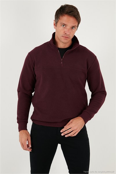 Pamuklu Regular Fit Yarım Fermuarlı Dik Yaka Erkek Kazak 456112 MÜRDÜM