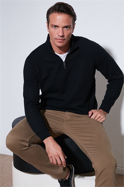 Pamuklu Regular Fit Yarım Fermuarlı Dik Yaka Erkek Sweat 5905716 SİYAH