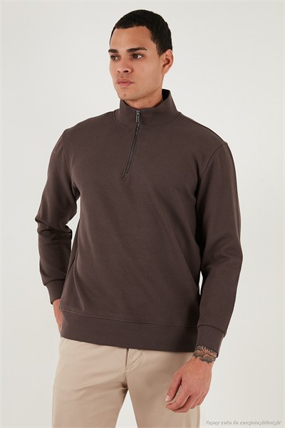 Pamuklu Regular Fit Yarım Fermuarlı Dik Yaka Erkek Sweat 5905470 KOYU KAHVE