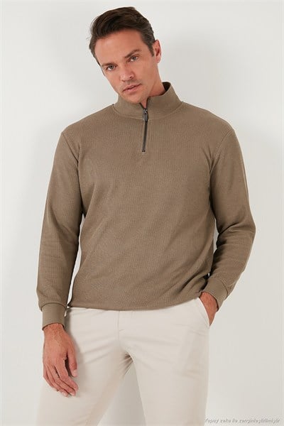 Pamuklu Regular Fit Yarım Fermuarlı Dik Yaka 2li Paket Erkek Sweat 5905716S2 Koyu Vizon-Koyu Kahve