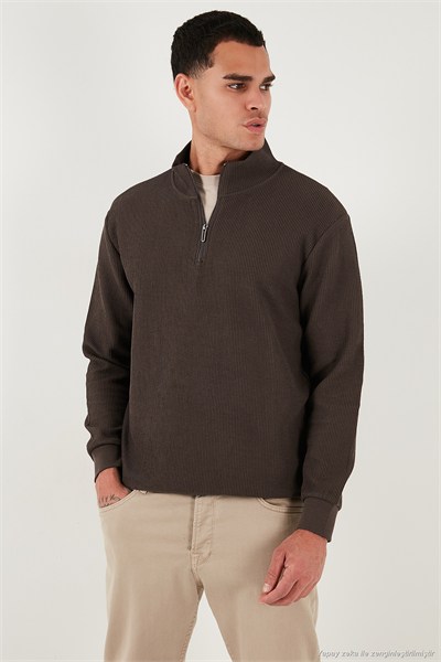 Pamuklu Regular Fit Yarım Fermuarlı Dik Yaka 2li Paket Erkek Sweat 5905716S2 Koyu Kahve-Vişne