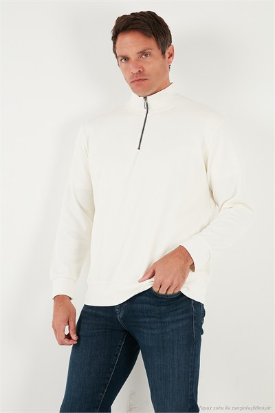 Pamuklu Regular Fit Yarım Fermuarlı Dik Yaka Erkek Sweat 5905470 EKRU