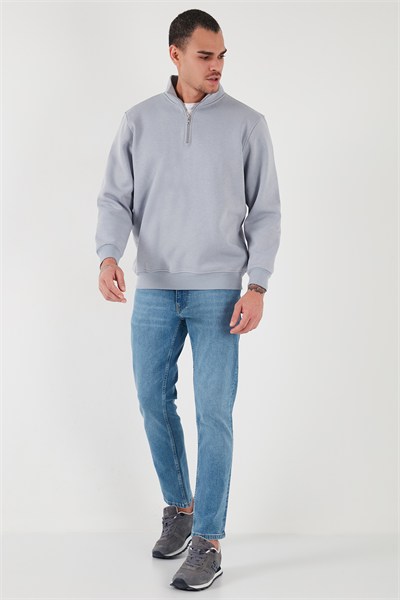 Pamuklu Regular Fit Yarım Fermuarlı Dik Yaka Şardonlu Erkek Sweat 59052592 AÇIK GRİ