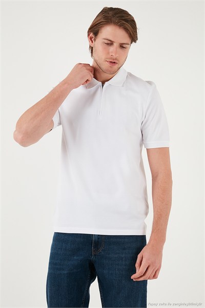 Pamuklu Regular Fit Yarım Fermuarlı Erkek Polo Yaka T Shirt 5901029 KIRIK BEYAZ