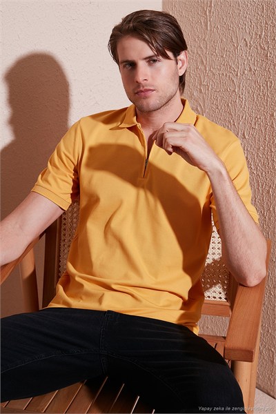 Pamuklu Regular Fit Yarım Fermuarlı Erkek Polo Yaka T Shirt 5901029 HARDAL