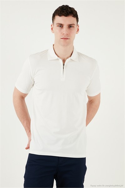 Pamuklu Regular Fit Yarım Fermuarlı Erkek Polo Yaka T Shirt 5902972 EKRU