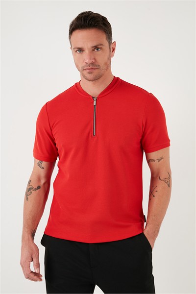 Pamuklu Regular Fit Yarım Fermuarlı Erkek T Shirt 5902653 KIRMIZI