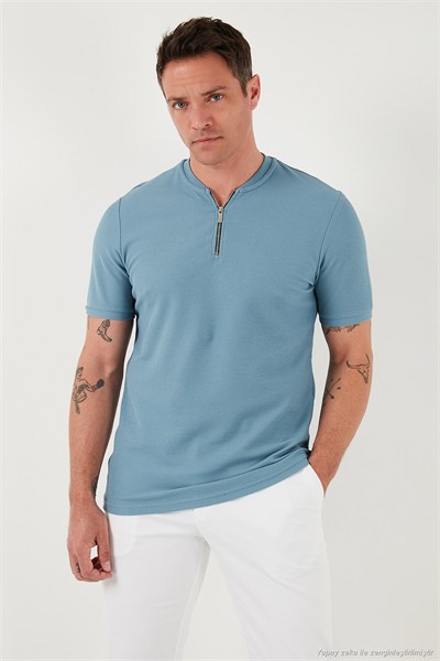 Pamuklu Regular Fit Yarım Fermuarlı Erkek T Shirt 5902653 MAVİ