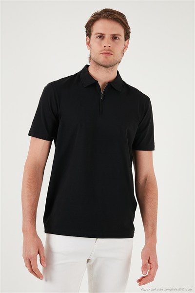 Pamuklu Regular Fit Yarım Fermuarlı Erkek Polo Yaka T Shirt 5902972 SİYAH