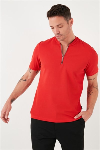 Pamuklu Regular Fit Yarım Fermuarlı Erkek T Shirt 5902653 KIRMIZI