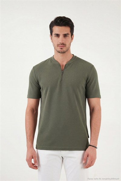 Pamuklu Regular Fit Yarım Fermuarlı Erkek T Shirt 5902653 HAKİ