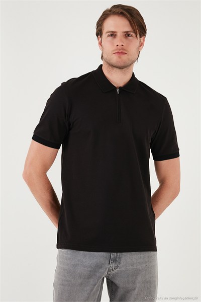 Pamuklu Regular Fit Yarım Fermuarlı Erkek Polo Yaka T Shirt 5901029 SİYAH