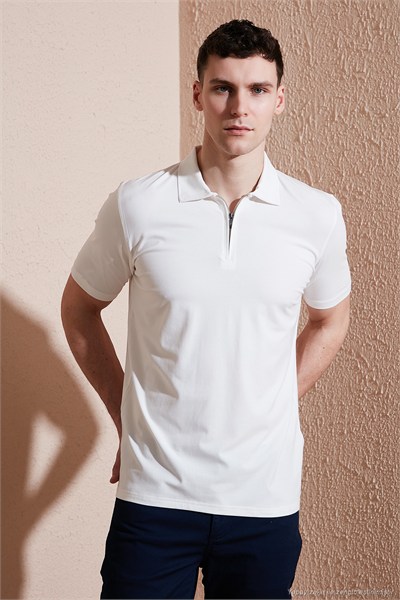 Pamuklu Regular Fit Yarım Fermuarlı Erkek Polo Yaka T Shirt 5902972 EKRU