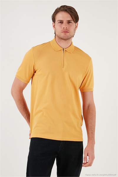 Pamuklu Regular Fit Yarım Fermuarlı Erkek Polo Yaka T Shirt 5901029 HARDAL