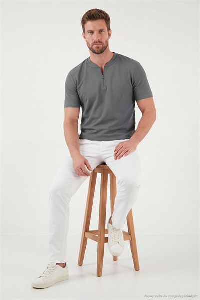 Pamuklu Regular Fit Yarım Fermuarlı Erkek T Shirt 5902653 AÇIK HAKİ
