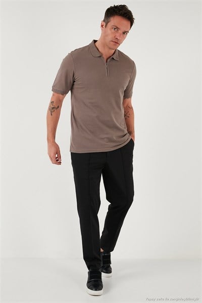 Pamuklu Regular Fit Yarım Fermuarlı Erkek Polo Yaka T Shirt 5903008 TOPRAK