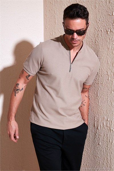 Pamuklu Regular Fit Yarım Fermuarlı Erkek T Shirt 5902653 VİZON