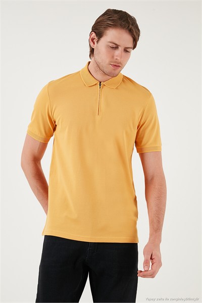 Pamuklu Regular Fit Yarım Fermuarlı Erkek Polo Yaka T Shirt 5901029 HARDAL