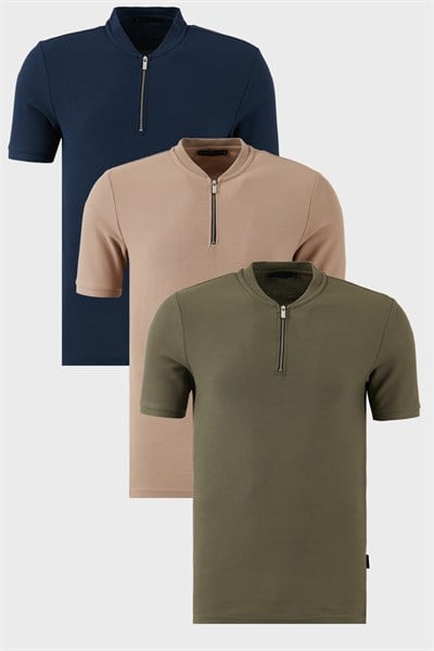 Pamuklu Regular Fit Yarım Fermuarlı Kolej Yaka 3lü Paket Erkek T Shirt 5902653S3 Vizon-Haki-Lacivert