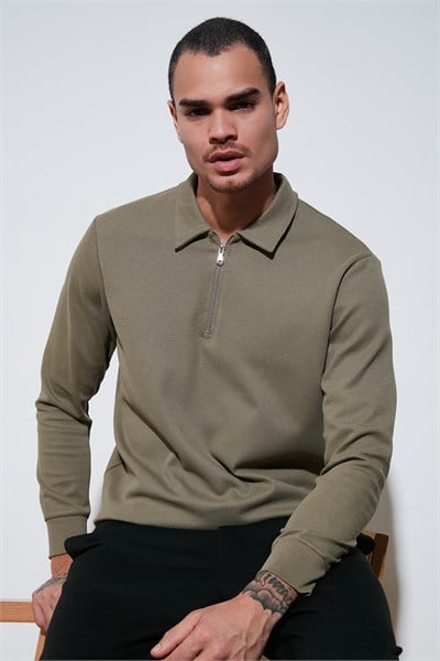 Pamuklu Regular Fit Yarım Fermuarlı Polo Yaka Erkek Sweat 5905805 Vizon Yeşili