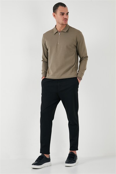 Pamuklu Regular Fit Yarım Fermuarlı Polo Yaka Erkek Sweat 5905805 Vizon Yeşili