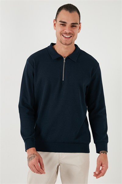 Pamuklu Regular Fit Yarım Fermuarlı Polo Yaka Erkek Sweat 5905805 İNDİGO
