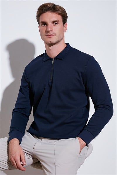 Pamuklu Regular Fit Yarım Fermuarlı Polo Yaka Erkek Sweat 5905789 İNDİGO