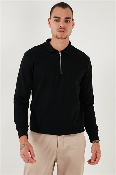 Pamuklu Regular Fit Yarım Fermuarlı Polo Yaka Erkek Sweat 5905805 SİYAH