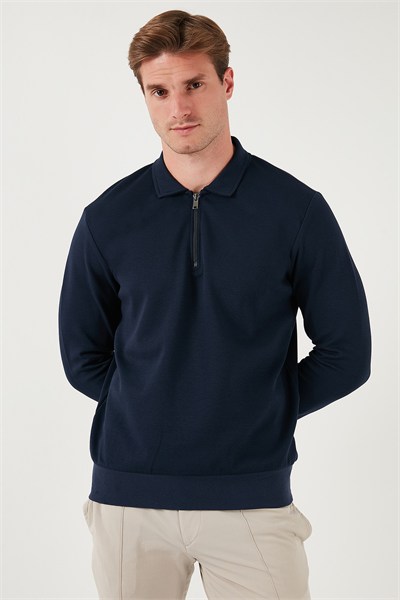 Pamuklu Regular Fit Yarım Fermuarlı Polo Yaka Erkek Sweat 5905789 İNDİGO