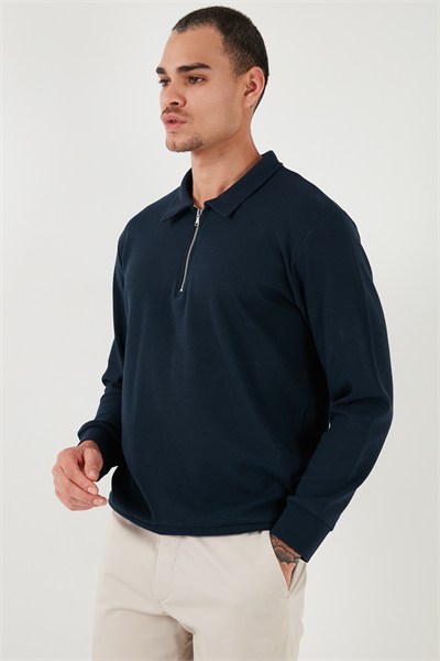 Pamuklu Regular Fit Yarım Fermuarlı Polo Yaka Erkek Sweat 5905805 İNDİGO