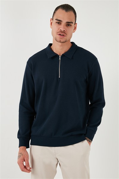 Pamuklu Regular Fit Yarım Fermuarlı Polo Yaka Erkek Sweat 5905805 İNDİGO