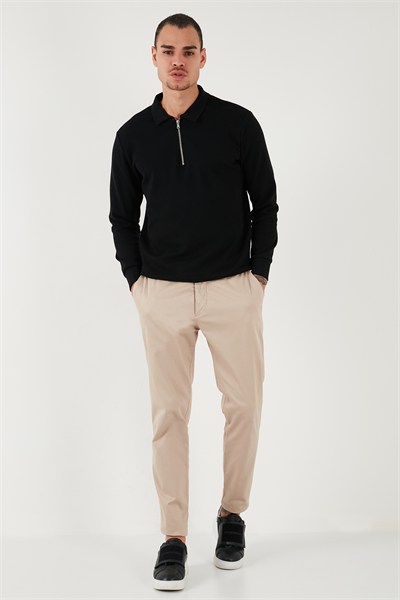 Pamuklu Regular Fit Yarım Fermuarlı Polo Yaka Erkek Sweat 5905805 SİYAH