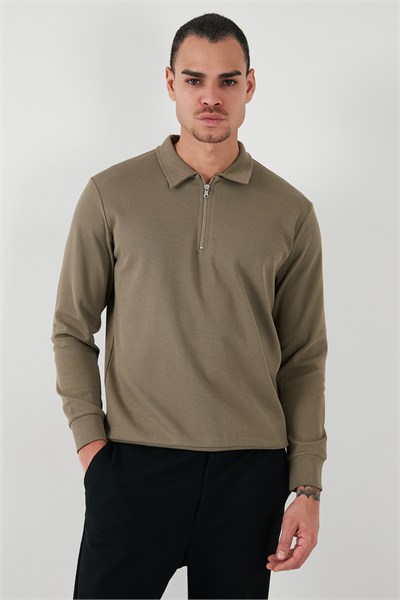 Pamuklu Regular Fit Yarım Fermuarlı Polo Yaka Erkek Sweat 5905805 Vizon Yeşili