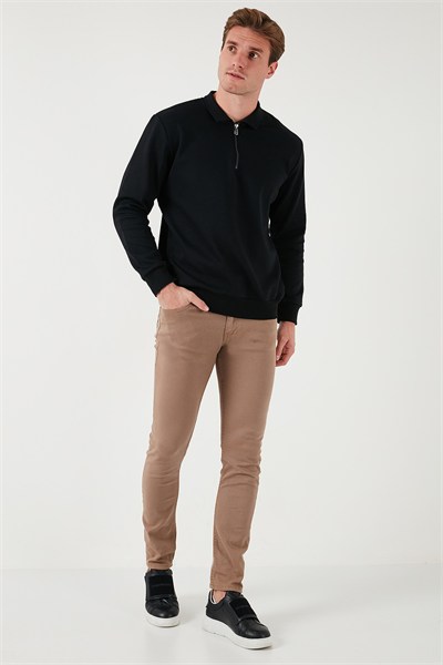 Pamuklu Regular Fit Yarım Fermuarlı Polo Yaka Erkek Sweat 5905789 SİYAH