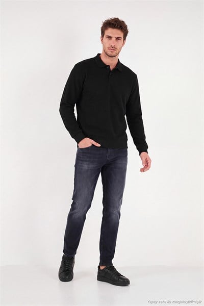 Pamuklu Regular Fit Yumuşak Dokulu Düğmeli Erkek Polo Yaka Kazak 5906103 SİYAH