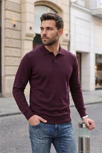 Pamuklu Regular Fit Yumuşak Dokulu Düğmeli Erkek Polo Yaka Kazak 5906103 BORDO
