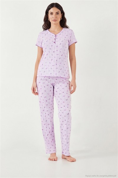 Pamuklu Regular Fit Yumuşak Dokulu Düğmeli V Yaka Kadın Pijama Takımı 65770755 LİLA