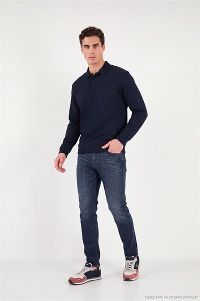 Pamuklu Regular Fit Yumuşak Dokulu Düğmeli Erkek Polo Yaka Kazak 5906103 LACİVERT